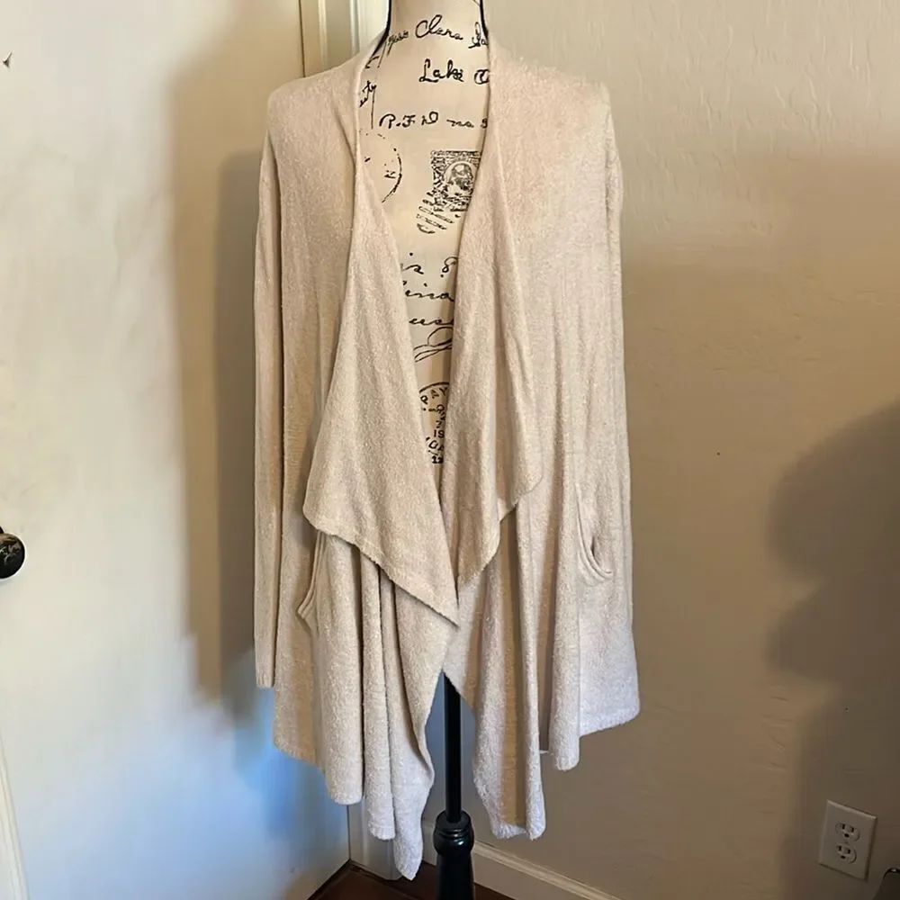 Barefoot Dreams CozyChic Lite Tan Open Style Cardigan Sweater Feminine Modern